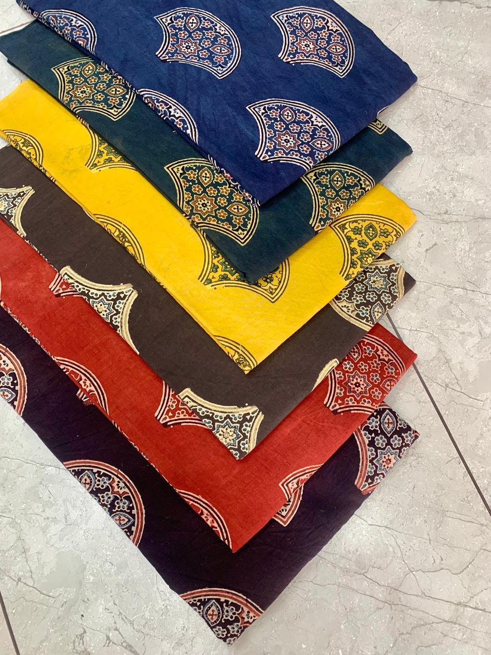 Ajrakh pure cotton handblock printed fabric in black base with multicolour jaal design